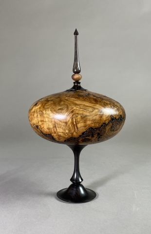 Oak Burl Hollow Form with African Blackwood Double Finial and Base 6" wide x 11" tall